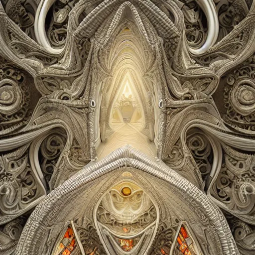 Image similar to a hyperrealistic 3 d render of a delicate ivory sculpture of an ornate detailed cathedral populated by mandelbrot fractals by android jones, micro detail, unreal engine, volumetric lighting, dramatic lighting, psychedelic, octane renderer, catholicpunk, glowing, white color scheme, photorealistic, physically based rendering, angelic, colorful, carved soap, trending on cgsociety