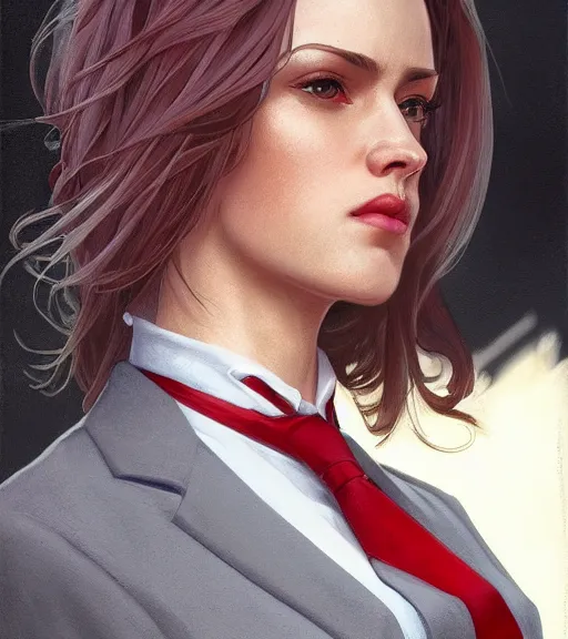 Image similar to a girl wearing a business suit, grey hair, red necktie, cinematic, stunning, highly detailed, digital painting, artstation, smooth, hard focus, full body shot, illustration, art by artgerm and greg rutkowski and alphonse mucha