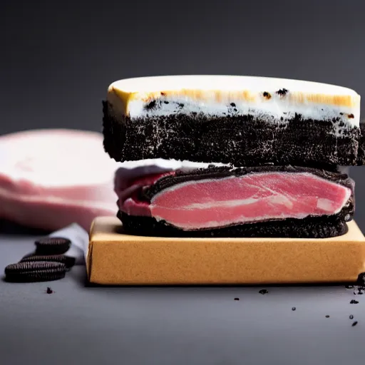 Image similar to oreo Ice cream sandwich with thin sliced ham in the middle, 4K photo, studio lighting