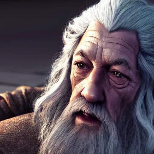 Prompt: picture of gandalf the grey relaxing at a poolside, 3 d, cinematic lighting