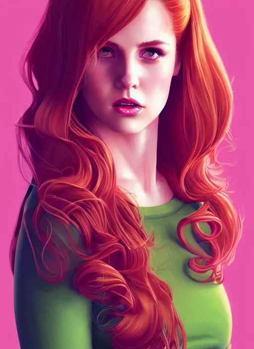 Image similar to full body portrait of teenage cheryl blossom, bangs, green eyes, sultry expression, red hair, sultry smirk, bangs and wavy hair, pink skirt, bangs, intricate, elegant, glowing lights, highly detailed, digital painting, artstation, concept art, smooth, sharp focus, illustration, art by wlop, mars ravelo and greg rutkowski