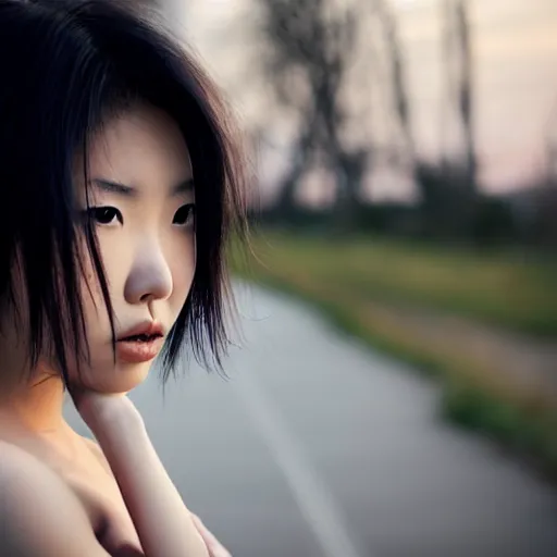 Image similar to beautiful gorgeous curvy Japanese edgy model girl with short hair, she's sad, sunset, 80mm lens, 1.2 aperture, grainy image, close up