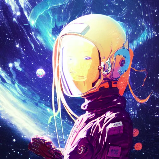 Prompt: portrait of a young astronaut girl by tsutomu nihei, flowing white hair, loish, yoshitoshi abe, murata range, synthwave, cosmic,orange, manga, anime, vibrant, gradation, beautiful, dreamy, studio lighting, ((space nebula background))