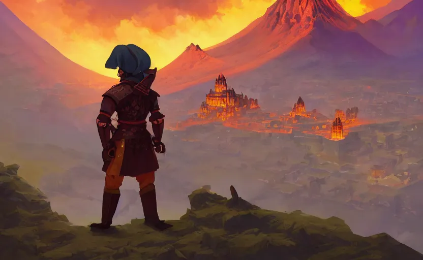 Image similar to spanish Francisco Pizarro with a burning Inca city behind him, Video game character design , 2d game fanart behance hd by Jesper Ejsing, by RHADS, Makoto Shinkai and Lois van baarle, ilya kuvshinov, rossdraws global illumination