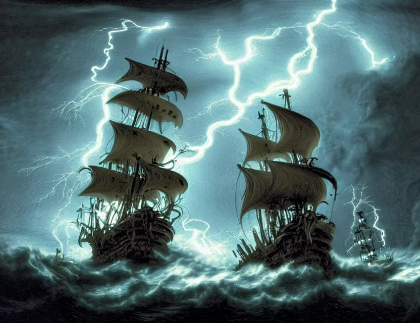 Prompt: one pirate ship being engulfed by a sea creature with long tentacles grasping the ship trying to pull it down into the water, on a stormy night with lightning
