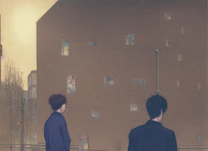 Prompt: portrait of man outside office building with ghost, cynical realism, painterly, yoshitaka amano, miles johnston, moebius, beautiful lighting, miles johnston, klimt, tendrils, in the style of, louise zhang, victor charreton, james jean, two figures, terrence malick screenshots, ghibli screenshot