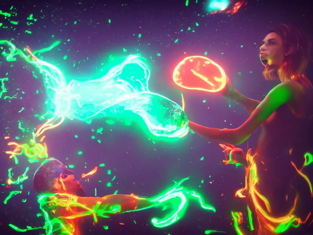 Prompt: a hyperrealistic portrait render of a model throwing a bottle of glowing worms and drinking fluorescent liquid in the cosmos, unreal engine 8k