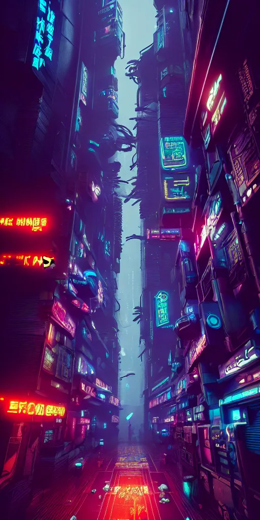 Image similar to epic cyberpunk arcade city : : blade runner, james guilleard, beeple, laurie greasley, dan mcpharlin : : ornate, dynamic, particulate, rich colors, intricate, elegant, highly detailed, centered, artstation, smooth, sharp focus, octane render, 3 d