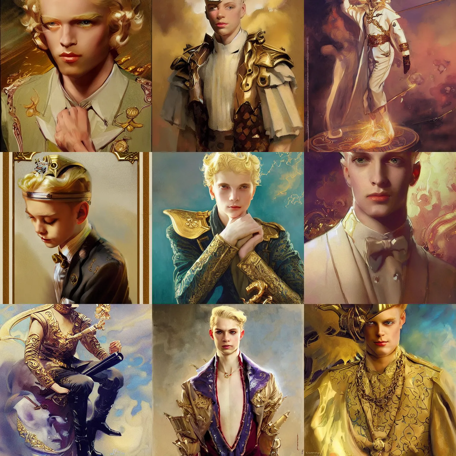 Prompt: beautiful young prince, blonde hair, gold, 1 9 2 0 s fashion, fantasy, art by joseph leyendecker, peter mohrbacher, dean cornwell, ruan jia, reza afshar, marc simonetti - h 7 6 8