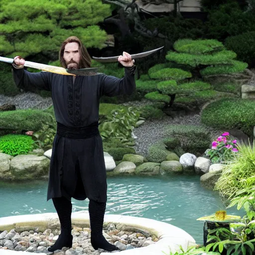 Image similar to Christopher Nolan movie shot of Christian Bale as Bruce Wane practicing sword fighting while standing on a stone in the middle of a small koi pond, Japanese bonsai plants