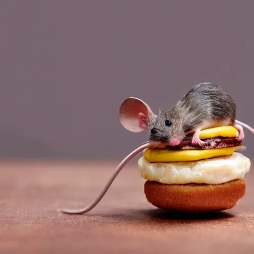 Prompt: a mouse sitting on the top of a hamburger, hyper realistic, macro photo, very detailed