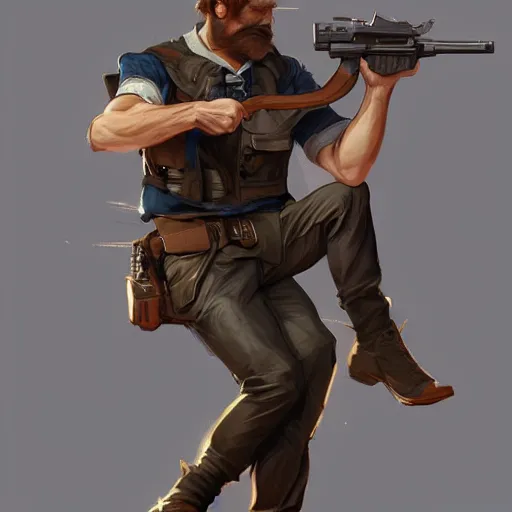 Image similar to mustle manly man holding a gun, elegant, dynamic pose, highly detailed, digital painting, artstation, concept art, matte, sharp focus, illustration, art by Artgerm and Greg Rutkowski and Alphonse Mucha