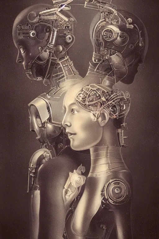 Image similar to a beautiful ultradetailed vintage photo of two cyborgs facing away from each other and looking at their cellphones, by tom bagshaw and anna dittman, couples portrait, vignette, 3 5 mm lens, golden ratio composition, detailed faces, studio photography, very detailed, humanoids, industrial robots, artstation, 8 k, highly coherent