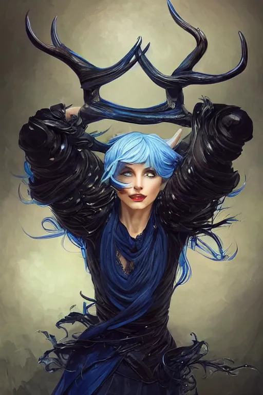 Prompt: fullbody!! dynamic action pose, beautiful woman with blue hair, antlers on her head, long flowing intricate black dress, dnd, face, fantasy, intricate, elegant, highly detailed, digital painting, artstation, concept art, smooth, sharp focus, illustration, art by artgerm and greg rutkowski and alphonse mucha