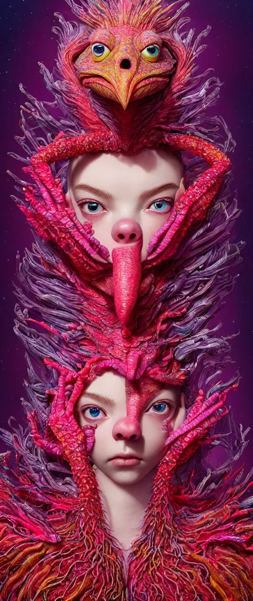 Image similar to hyper detailed 3d render like a Oil painting - kawaii portrait of two Aurora (a beautiful skeksis muppet fae princess protective playful expressive eyes from dark crystal that looks like Anya Taylor-Joy) seen red carpet photoshoot in UVIVF posing in scaly dress to Eat of the Strangling network of yellowcake aerochrome and milky Fruit and His delicate Hands hold of gossamer polyp blossoms bring iridescent fungal flowers whose spores black the foolish stars by Jacek Yerka, Ilya Kuvshinov, Mariusz Lewandowski, Houdini algorithmic generative render, Abstract brush strokes, Masterpiece, Edward Hopper and James Gilleard, Zdzislaw Beksinski, Mark Ryden, Wolfgang Lettl, hints of Yayoi Kasuma and Dr. Seuss, octane render, 8k