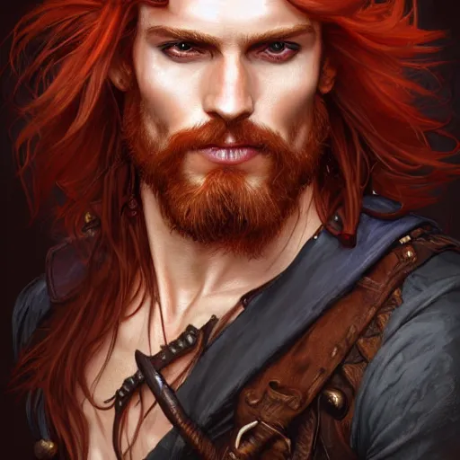 Prompt: portrait of a young ruggedly handsome but charming pirate, male, masculine, upper body, red hair, long hair, d & d, fantasy, full lips, intricate, elegant, highly detailed, digital painting, artstation, concept art, matte, sharp focus, illustration, art by artgerm and greg rutkowski and alphonse mucha