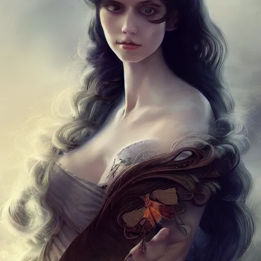 Prompt: beautiful maiden with very very very butterfly hair, intricate, elegant, highly detailed, digital painting, artstation, concept art, smooth, sharp focus, illustration, art by WlOP