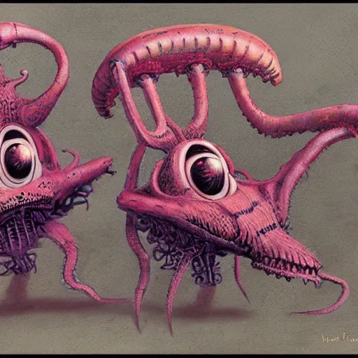 Image similar to painting of alien creatures that look like spongebob and patrick, in the style of wayne barlowe