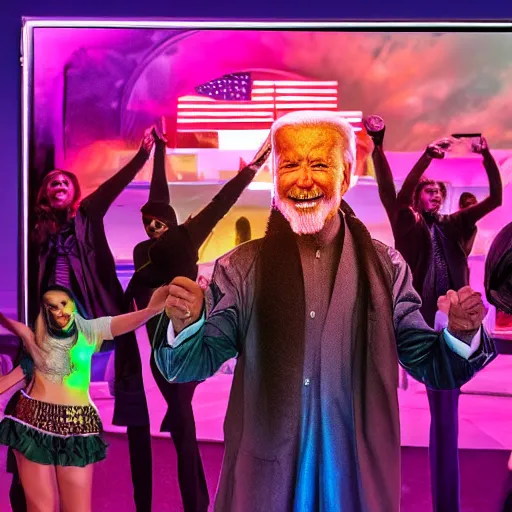 Prompt: 4 k portrait sony a 7 f 2. 8 of a gigantic president joe biden as a taliban leader surrounded by dancing instagram models with neon lighting and moody cloudy skies