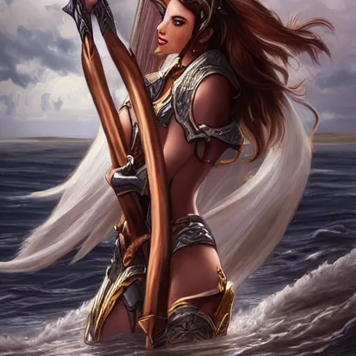 Image similar to fantasy woman with armor emerging from the sea holding a staff made with mother-of-pearl, by Artgerm