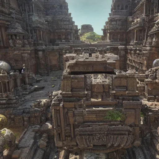 Prompt: cinematic still of hyper detailed hard surface modelled 3 d apex legends temple ruins, deep perspective, wide angle, insanely detailed and intricate, ornate patterned people, by sir james guthrie