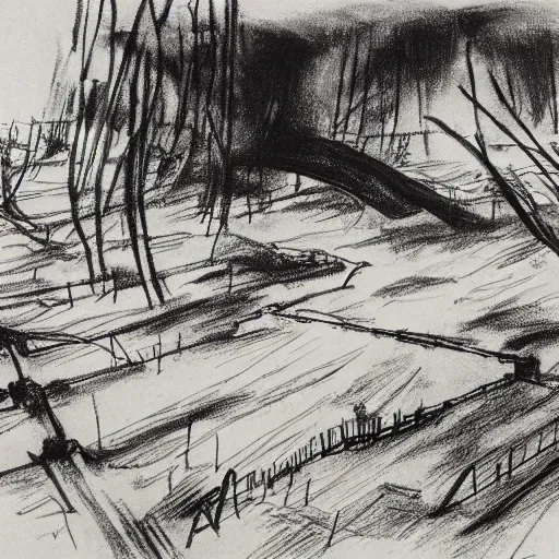 Image similar to milt kahl sketch of world war 1 trenches with the city of miami in the background