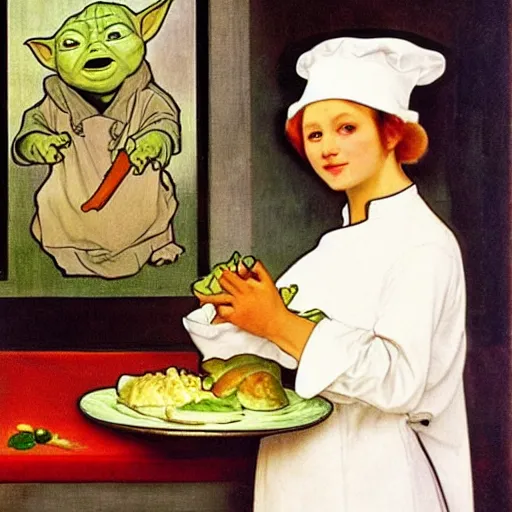 Image similar to baby yoda as a chef wearing a white apron and wearing a white chef's hat, by Jan van Eyck, by alphonse mucha