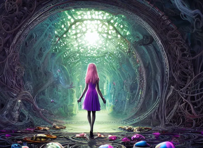 Prompt: vfx surreal 3 d portrait of alice from wonderland walking into a non - euclidean and infinite tunnel of evanescent hallucinatory images, reflections in endless mirrors, giant mushrooms, hyperdetailed, octane render, sharp focus, concept art, intricate by alex grey, greg rutkowski jeff soto and daniel merriam, dan mumford and pixar, octane render