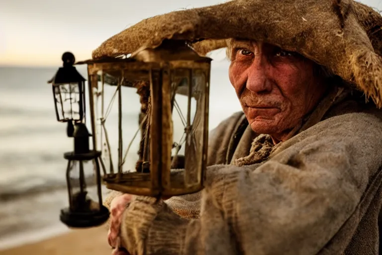 Image similar to closeup old man holding up a lantern on the beach in a pirate ship bay meet to a old wood shack by emmanuel lubezki