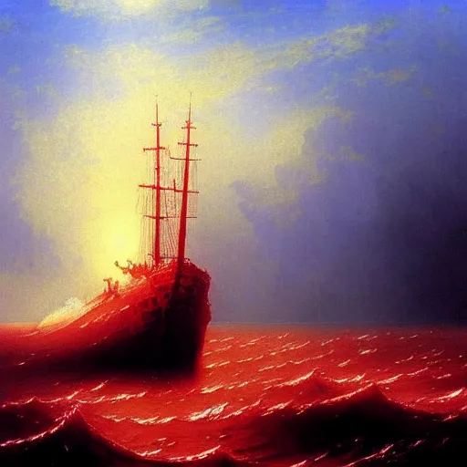 Prompt: bloody ocean, rusted iron ship sinking in red blood ocean, by Ivan Aivazovsky, junji ito, hd 8k, hideaki anno