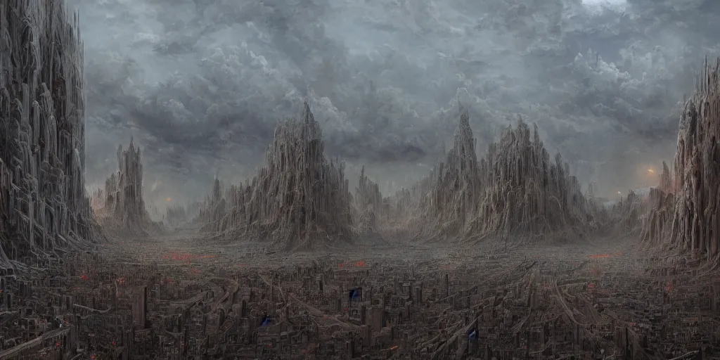 Image similar to A beautiful detailed landscape painting 'The city of death and demise' by Wayne Barlowe, disease and suffering everywhere, existential horror, Trending on cgsociety artstation, highly detailed, 8k, masterpiece, in the style of DiscoDiffusion.