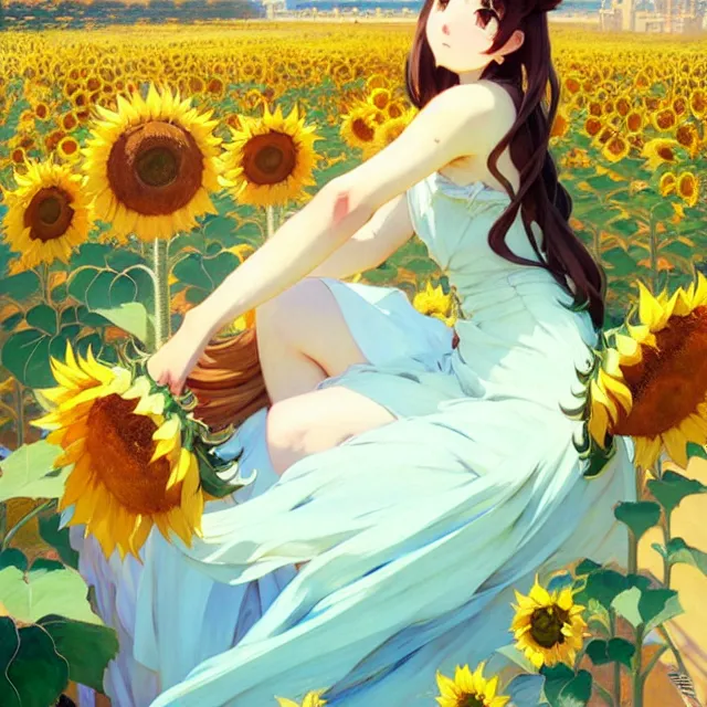 beautiful sunflower anime girl, krenz cushart, mucha, | Stable Diffusion