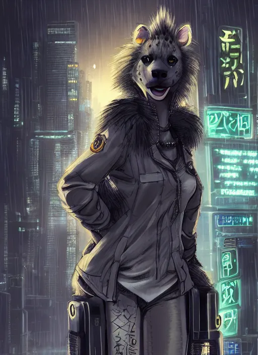 Image similar to character portrait of a female anthro hyena fursona with a cute beautiful attractive furry face and long black curly hair wearing a police flak jacket in a cyberpunk city at night while it rains. hidari, color page, tankoban, 4K, tone mapping, Akihiko Yoshida.