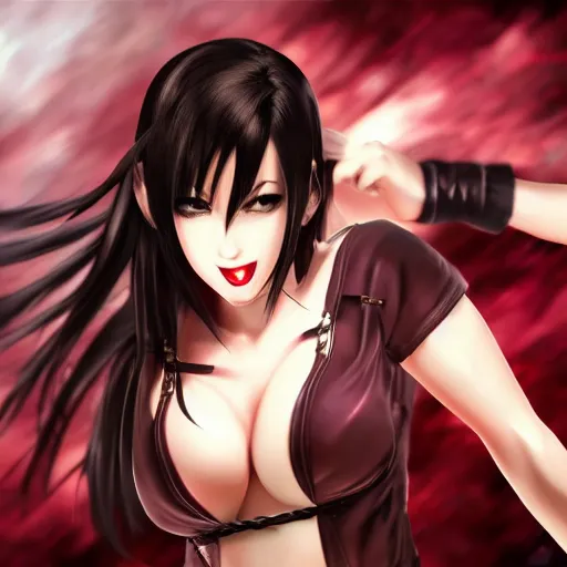 Prompt: seductively laughing Tifa Lockhart bloody high resolution graphic art punching wall