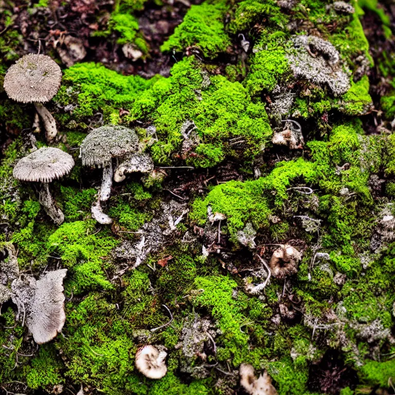 Image similar to a drawn picture lichens and moss close-up various fungus, mushrooms and plants, Atmospheric phenomenon, artistic photography, muted colors, conceptual, long exposure outside the city