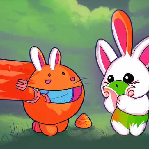 Prompt: cute Bunny monster is eating a gigantic carrot, 4k wallpaper, digital art