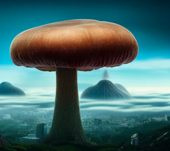 Image similar to a giant mushroom that stretches above the clouds with an upside down city built under the cap. highly detailed 8 k. intricate. lifelike. soft light. nikon d 8 5 0. cinematic post - processing