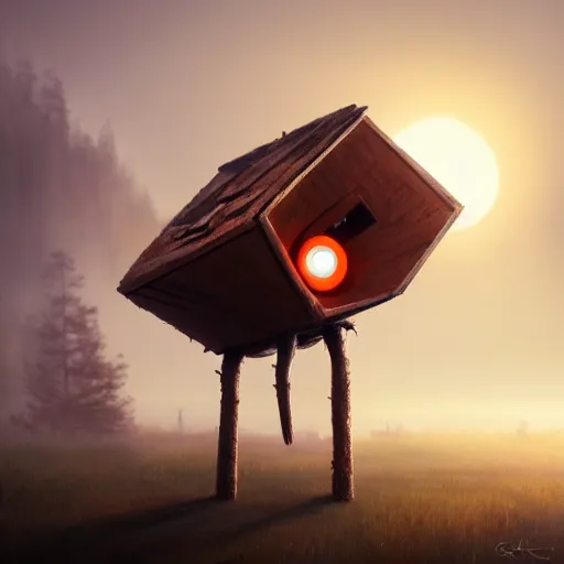 Prompt: a walking wood house with two mechanical legs and two glowing eyes and two hands, rust, hyperrealistic, pareidolia, highly detailed, cinematic, single ray of sun, fog, city in background, beautiful, cgssociety, artstation, 8 k, oil painting