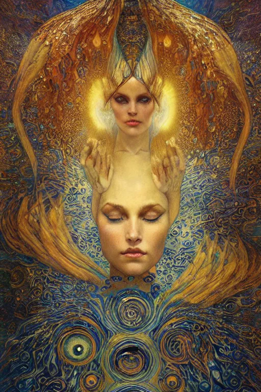 Prompt: Visions of Paradise by Karol Bak, Jean Deville, Gustav Klimt, and Vincent Van Gogh, visionary, otherworldly, celestial, radiant halo, fractal structures, infinite angelic wings, ornate gilded medieval icon, third eye, spirals, heavenly spiraling clouds with godrays, airy colors