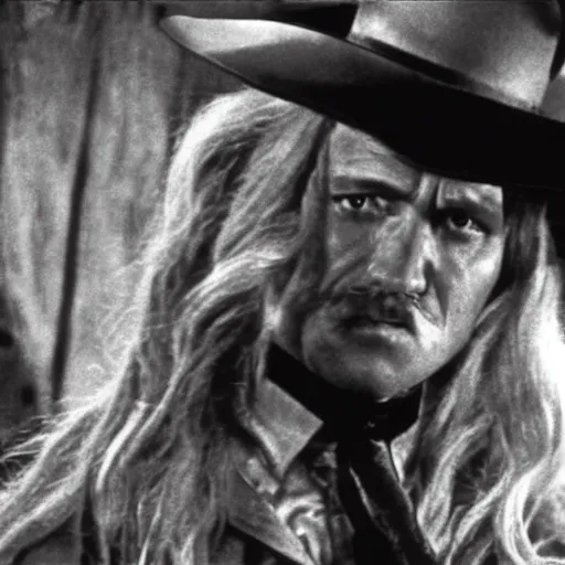 Image similar to a film still of Funny Valentine as a man, with a long blonde hair in The Good, the Bad and the Ugly(1966)