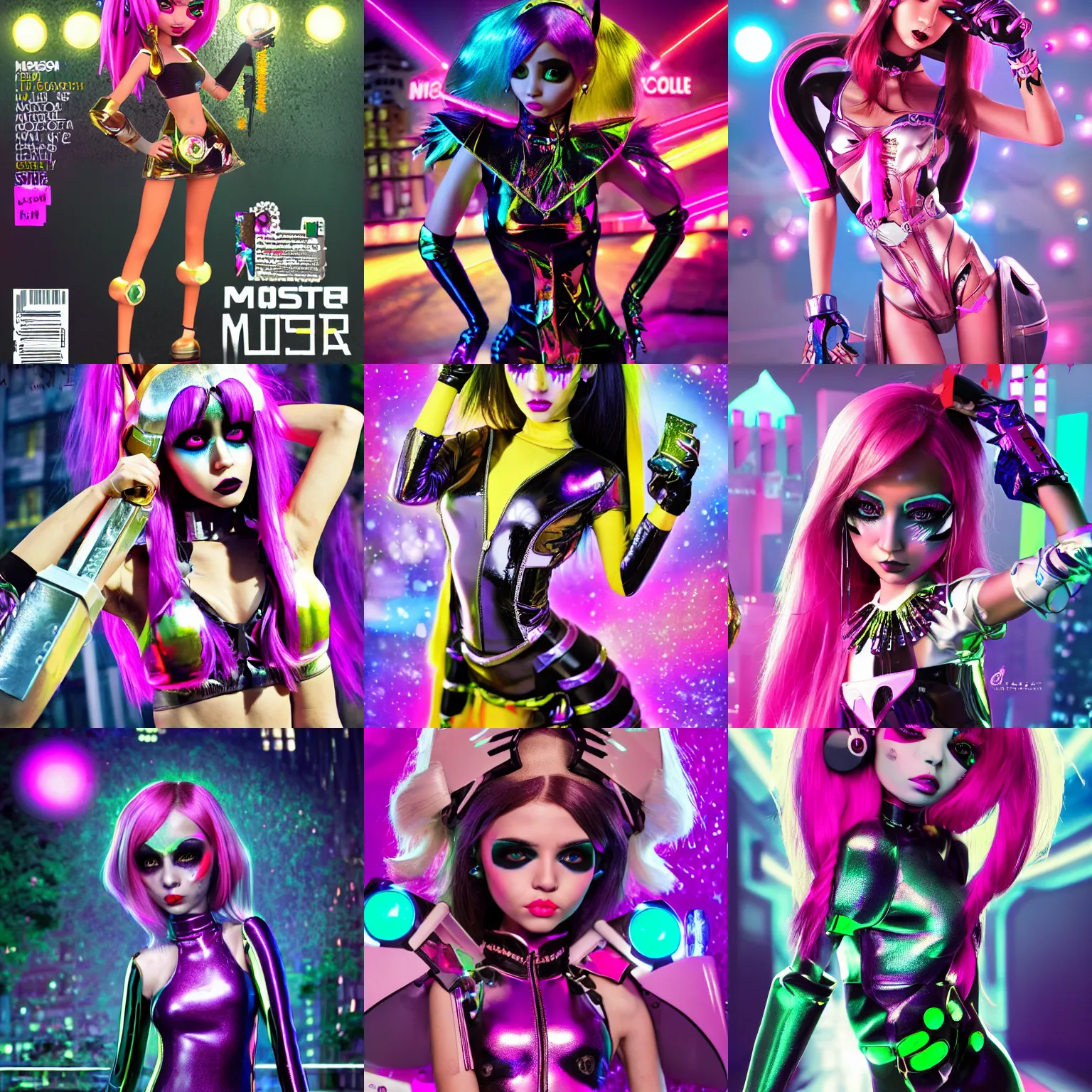 Prompt: magazine cover :: of a cute gorgeous Ukrainian college girl scene raver cyborg wearing a shiny outfit on a crowded packed nyc sidewalk, monster high makeup, pouting, pouty look :: octane render, volumetric lighting, trending on artstation, anime, ue5, photoreal, rossdraws, blender render, pixar, :: Madison beer, Jessica alba, megan fox, adriana lima, ::