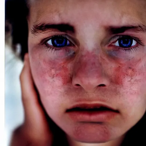 Image similar to a candid extreme closeup portrait of an expressive face of a terrified young woman by annie leibovitz