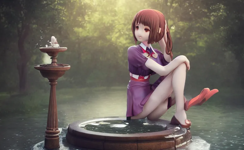 Prompt: magical and mystical, illustrious makinami, school girl leaning on a fountain, octane render, rembrandt, cgsociety, artstation trending, highly detailded