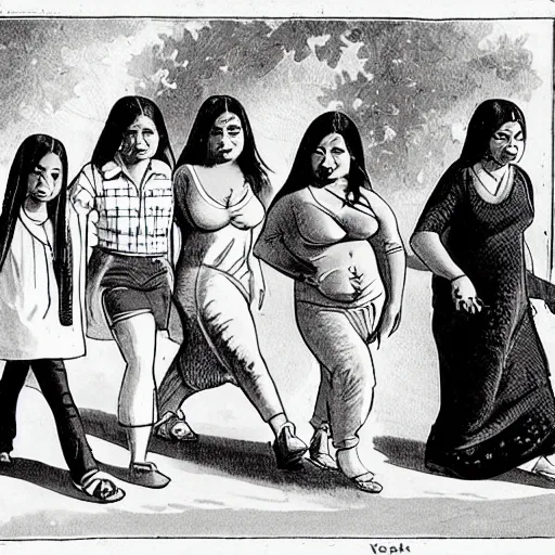 Image similar to cartoon of a short brown indian man migit walking with a young asian woman, a thick white blonde teenage girl, and a thick juicy spanish teenage girl, and a black bodacious babe in a small town in india all wearing clothes