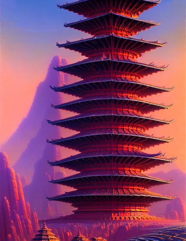 Prompt: a giant pagoda mecha, tim hildebrandt, wayne barlowe, bruce pennington, donato giancola, trending on artstation, cinematic composition, beautiful lighting, hyper detailed, 8 k, oil on canvas