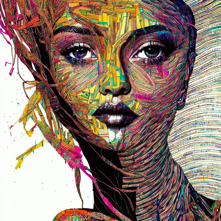 Image similar to beautiful anima girl lost in colors artwork by el anatsui and carne griffiths