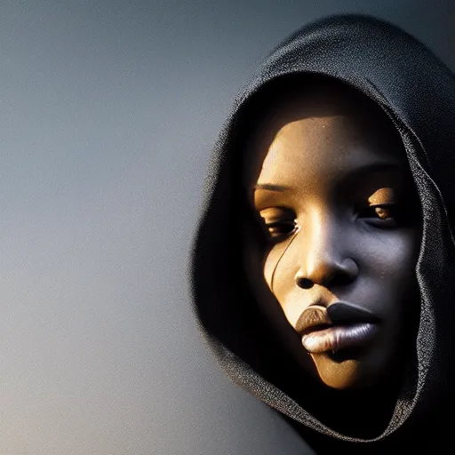 Image similar to a portrait of a young black woman wearing a long dark cloak, hood and shadows covering face, anatomically correct, beautiful perfect face, enigmatic, oil painting, matte painting, black background, Volumetric dynamic lighting, Highly Detailed, Cinematic Lighting, Unreal Engine, 8k, HD, by Beksinski