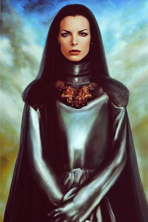 Image similar to hyperrealism oil painting, close - up portrait of carole bouquet medieval brunette vampire fashion model, knight, steel gradient mixed with nebula sky, in style of baroque