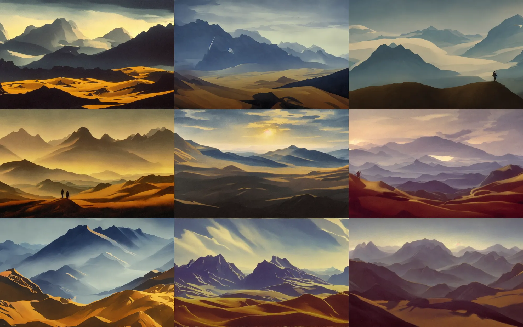 Prompt: epic composition, hills and mountains between clouds, shot from danis villeneuve movie, roger deakins filming, nightfall, painting in the style of ed mell and william turner