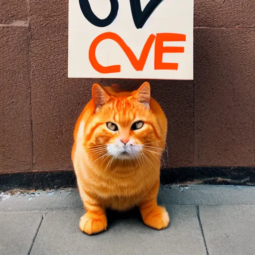 Image similar to cute colossal standing orange tabby cat holding a sign that says